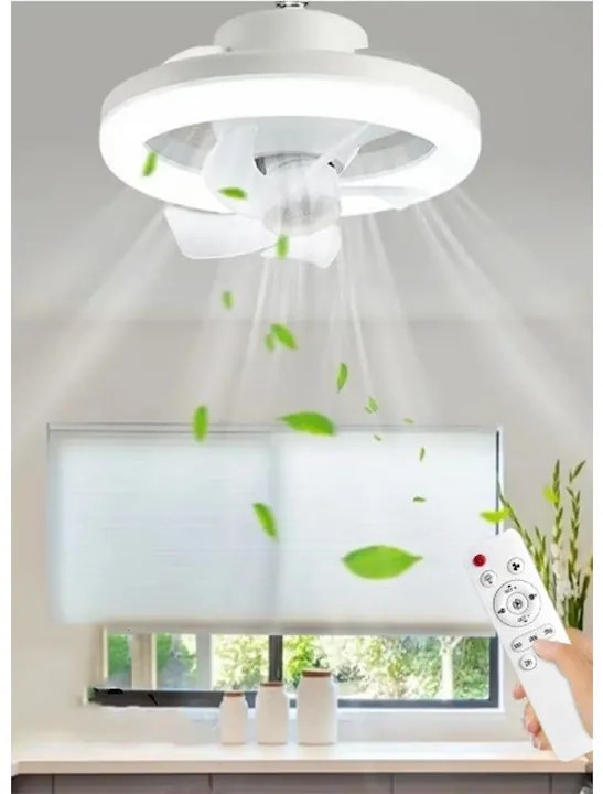 E27 mennyezeti ventilátor LED lámpával, WALALLA, dugaszolható ventilátor, távirányítóval, 360°-ban forgatható LED, 3 színhőmérséklet, 85-265V, 48W, Fehér