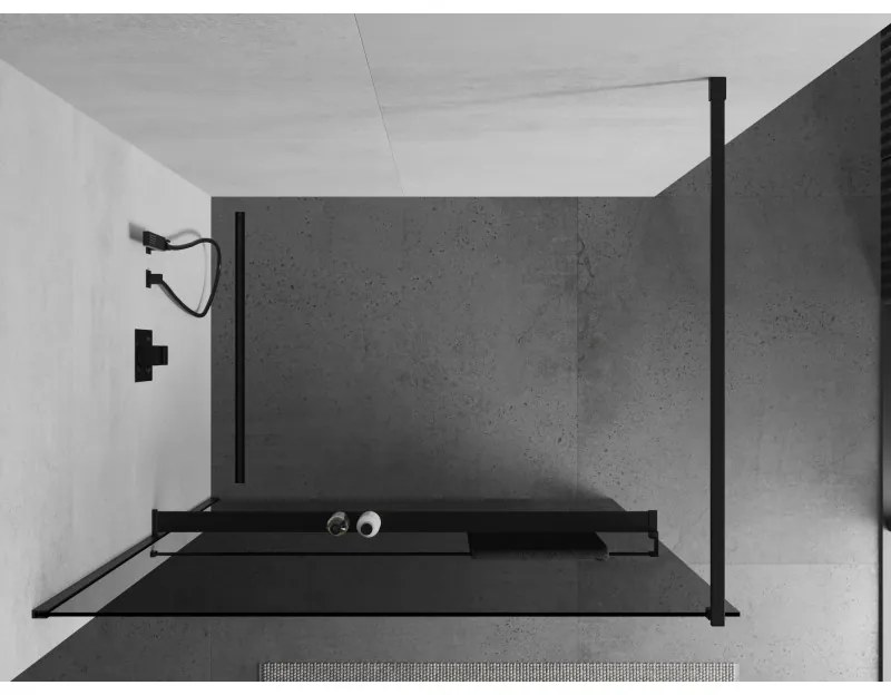Mexen Kioto +, zuhany paraván polccal és törölközőtartóval 80 x 200 cm, 8mm szürke üveg, fekete profil, 800-080-121-70-40