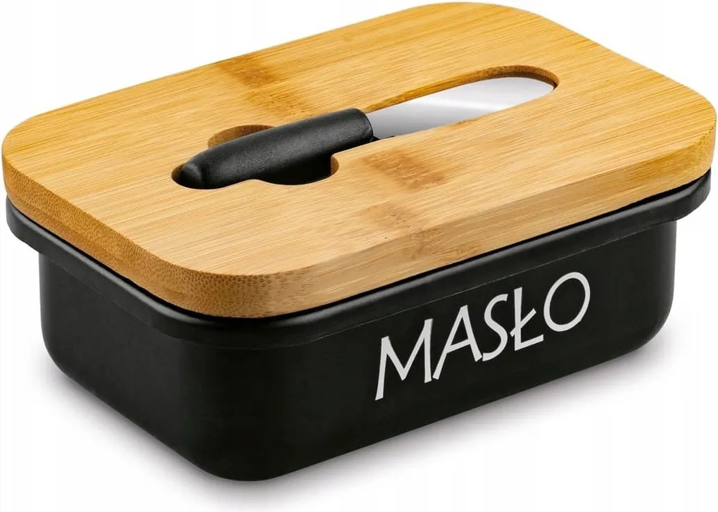 Acél vajtartó fedővel és késsel, fekete