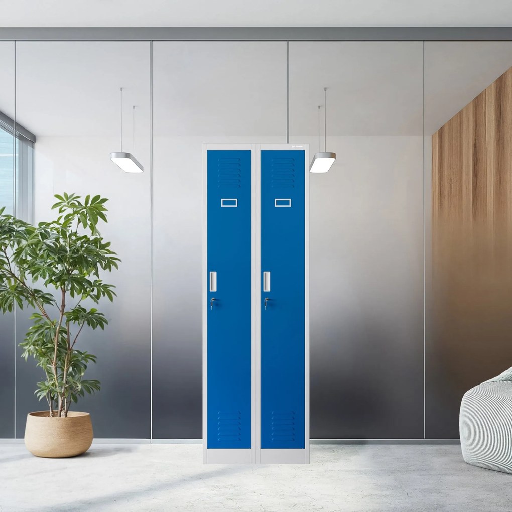 Pléh öltözőszekrény talpazaton, négymodulos, polcokkal KACPER II, 600 x 1800 x 500 mm, kék