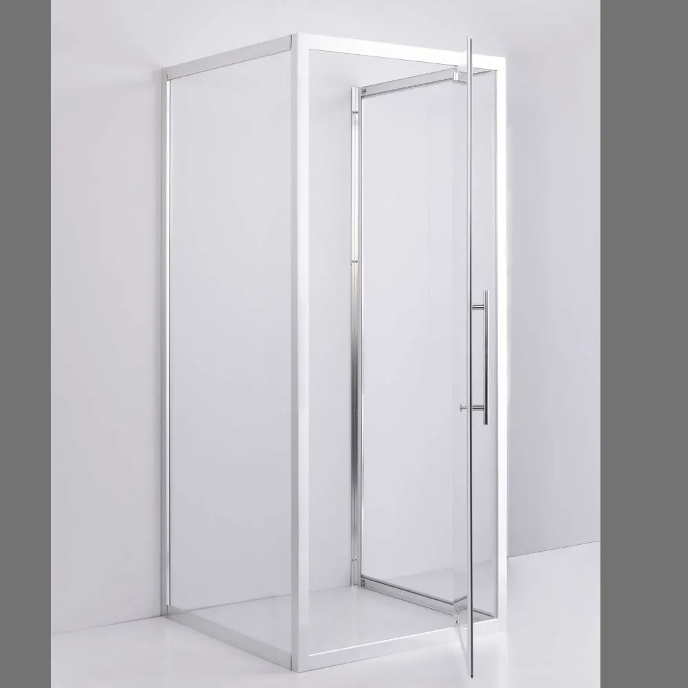 Stuxi Torino 80x80 falsíkra szerelhető 3 oldalú nyílóajtós zuhanykabin 6 mm vízlepergető biztonsági üveggel, króm elemekkel, 200 cm magas
