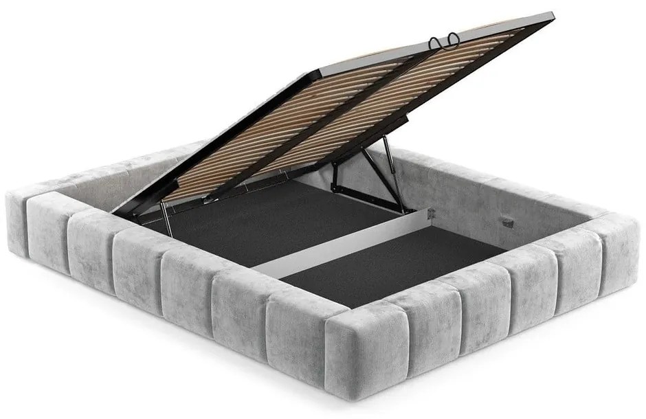 Világosszürke kárpitozott ágyneműtartós franciaágy ágyráccsal 200x200 cm Aruba L – Maison de Rêve