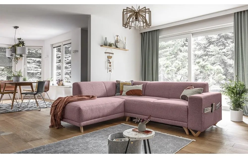 Rózsaszín kinyitható-tárolóhelyes sarokkanapé (bal oldali-L alakú) Classy Sophie – Miuform