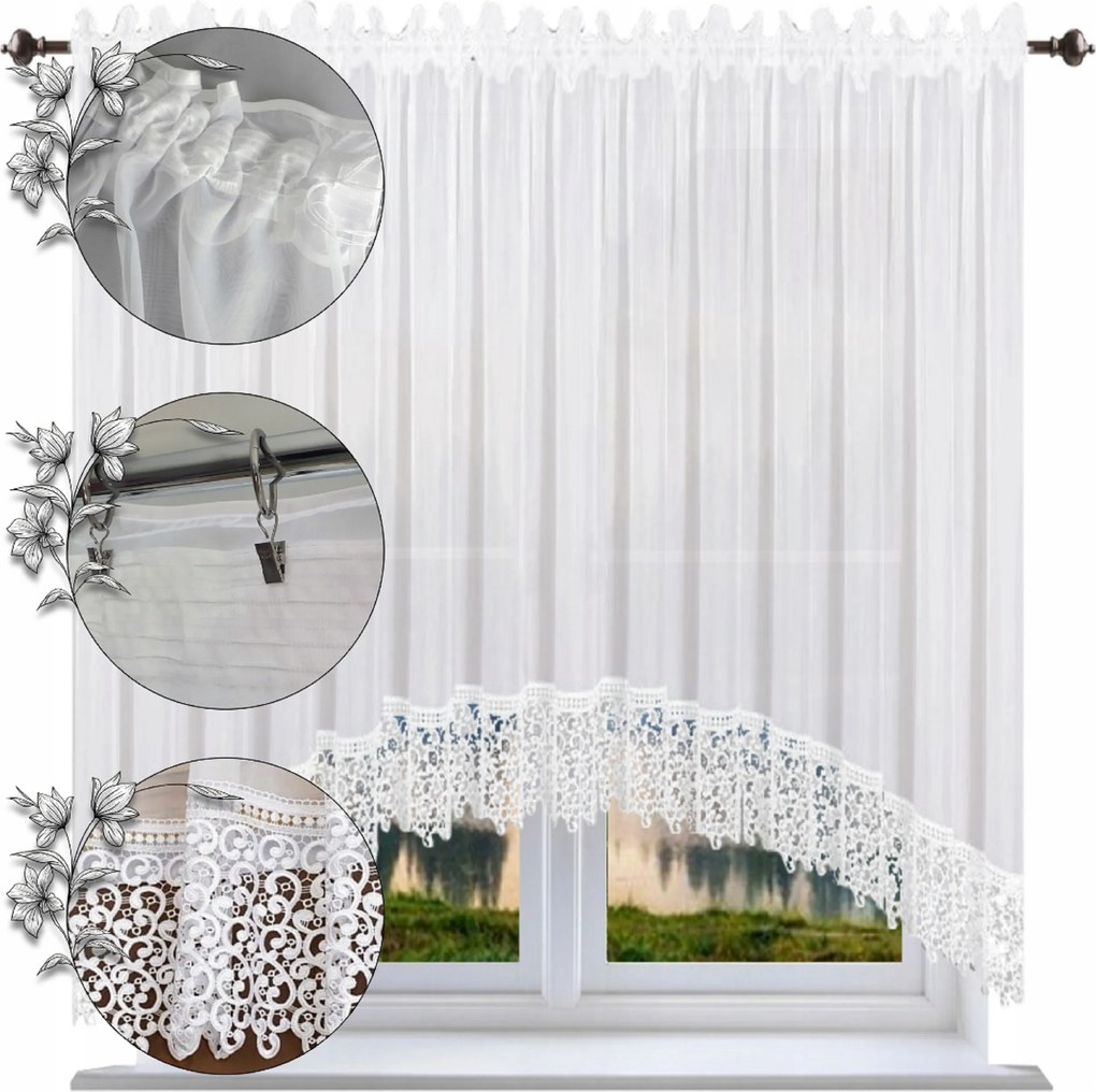 Kész függöny csipkével, 160x200 cm, íves, sima voile függöny csipkével