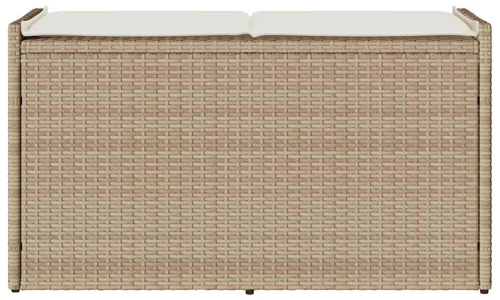 Bézs polyrattan kültéri tárolópad párnával 100 cm