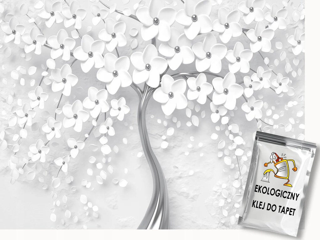 Fotótapéta Flizelina Természet Fa Virágok 3D Fehér Ezüst 300x210 ragasztó