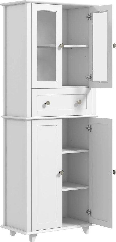 HOMCOM Konyhai Tárhely Szekrény 2 Edzett Üvegajtóval, Fiókkal és Állítható Polcokkal, 61x35x168,5 cm, Fehér | Aosom