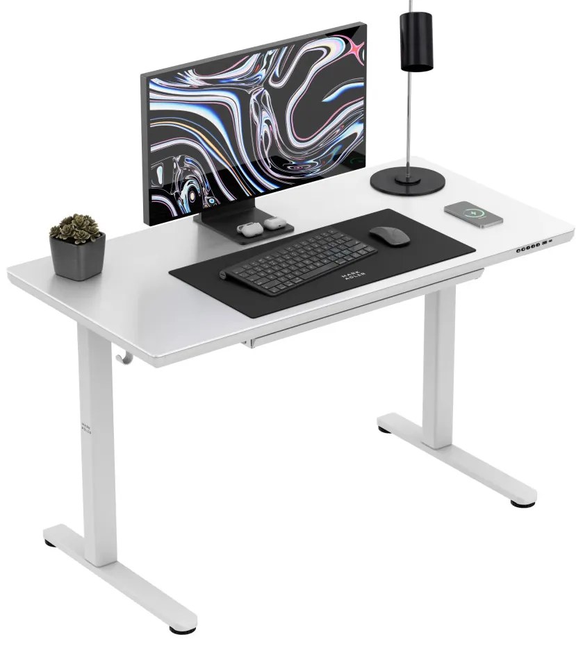 Állítható magasságú íróasztal, 120 x 60 cm, fejhallgatótartóval, üveglappal fehér