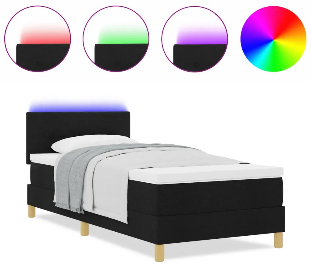 Boxspring Ágy Matraccal és LED Fénnyel Fekete 90x190 cm Szövet