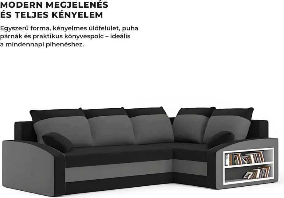 Grande sarokkanapé polcokkal , polc a jobb karfaban, jobboldali, szövet anyag, bonell töltet, fekete - szürke