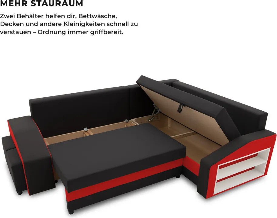 Grande sarokkanapé polcokkal és puffokkal , polc a jobb karfaban puffok a bal karfaban, jobboldali, szövet anyag, bonell töltet, fekete - piros