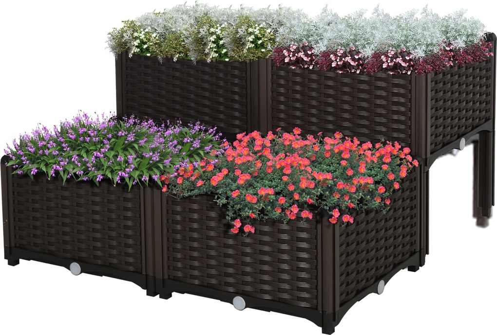 Outsunny Magaságyás, Virágláda Drainázsnyílásokkal, Rattan Hatású, Műanyag, Barna, 40 x 40 x 44 cm | Aosom