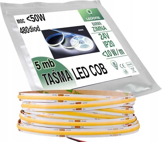 Led szalag Cob 24V 480 dióda méterenként Neon fehér Hideg 5m Led fényvonal