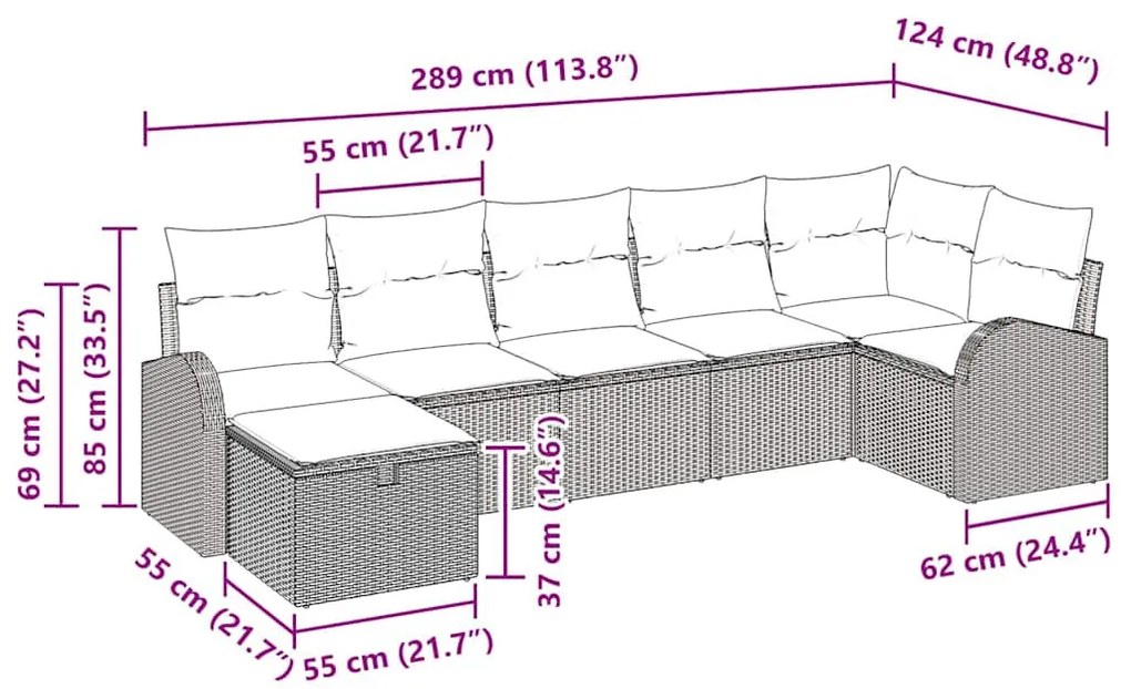 Kerti Kanapé Szett 7 pcs Fekete és krémszínű 289 x 124 x 85 cm