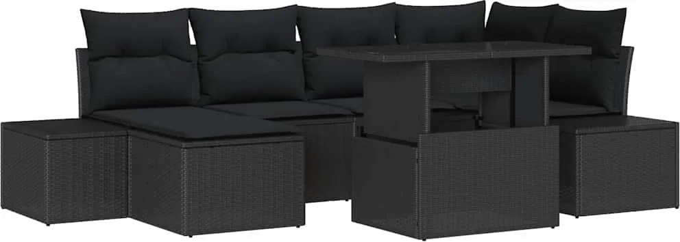 vidaXL Kerti Kanapé Szett 7 pcs Fekete Poli rattan és porbevonatú acél