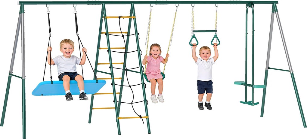 AIYAPLAY 5 az 1-ben gyerekhinta – acél A-váz (max. 350 kg), állítható fészekhinta, tornagyűrűk, dupla ülés és mászókeret, 440 x 175 x 203 cm | Aosom