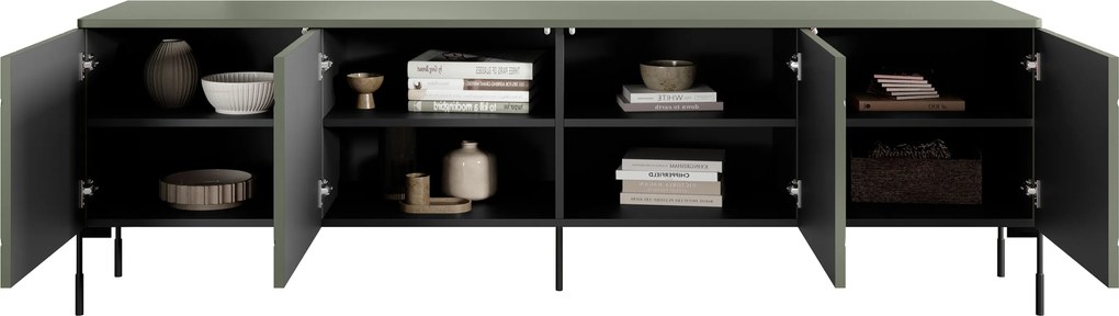 Sonatia TV-szekrény 200 cm négyajtós fém lábakkal - olíva