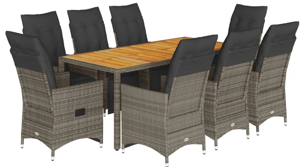9 részes szürke polyrattan kerti bisztrógarnitúra párnákkal