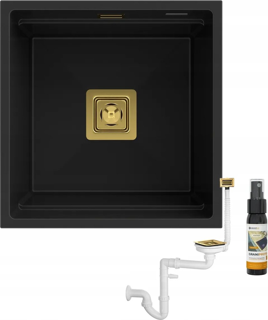 Mosogató Csaptelep 44 Függesztett Gránit Fekete Négyszögletes Szifon Arany