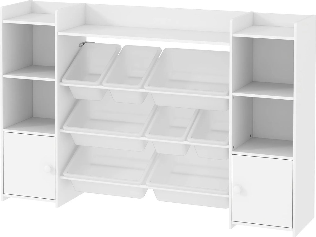 AIYAPLAY Gyermekpolc Játékpolc 8 Leszedhető Dobozzal, 4 Nyitott Rekesszel, 2 Szekrényrekesszel, Gyermek Könyvespolc Gyerekszobába, Óvodába, 140 x 30 x