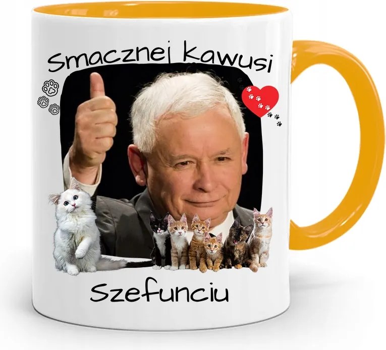 Sárga Vicces Bögre Jaroslaw Kaczynski felirattal, fényképpel