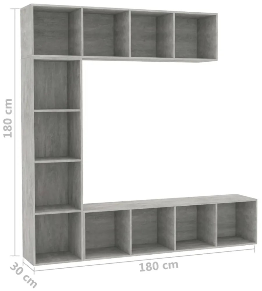 3-részes betonszürke könyv-/TV-szekrényszett 180 x 30 x 180 cm