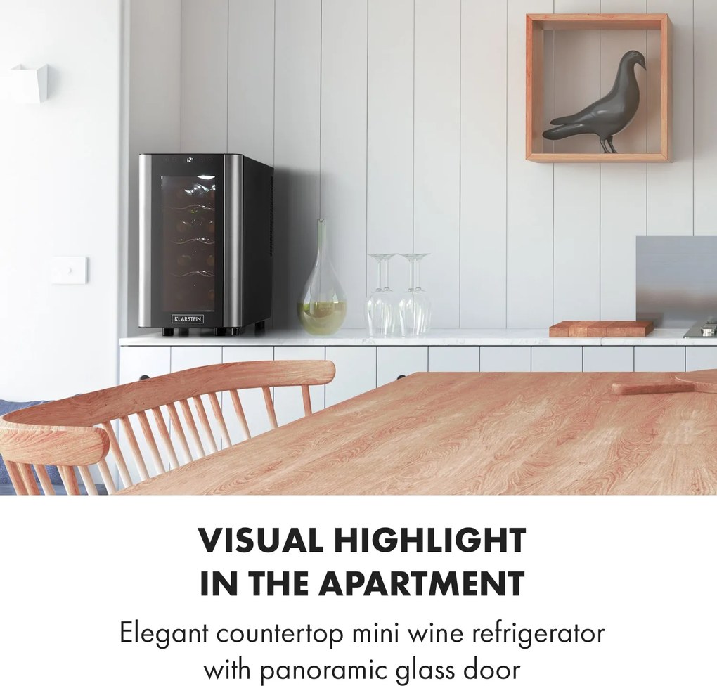 Klarstein Reserva 8 Slim Uno, borhűtő, 23 liter, 8 palack, 11-18 ° C, 26 dB, rozsdamentes acél