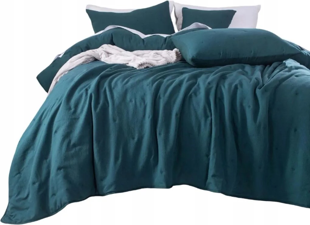 Dotta texturált dekoratív ágytakaró 240x260 smaragdzöld, pöttyös hímzéssel