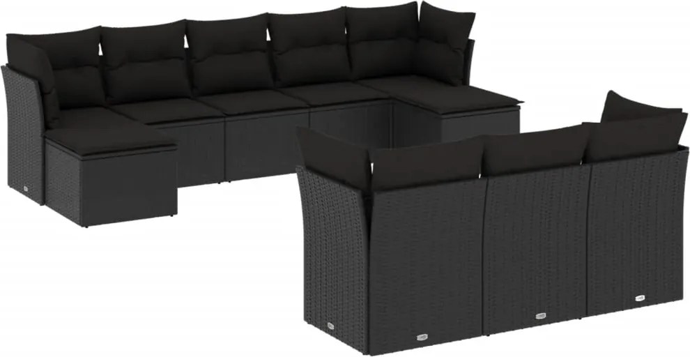 vidaXL 10 részes fekete polyrattan kerti ülőgarnitúra párnákkal