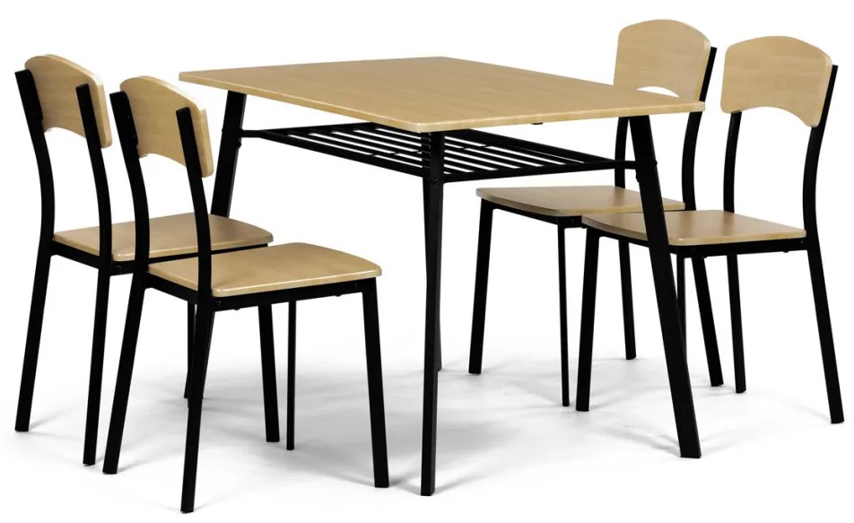 Set de sufragerie Masă cu Patru Scaune, MDF, decor Stejar Natural, cadru metalic negru