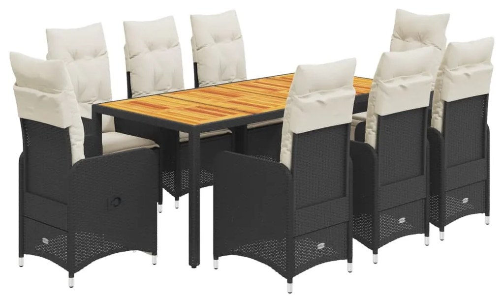 9 részes fekete polyrattan kerti bisztrógarnitúra párnákkal