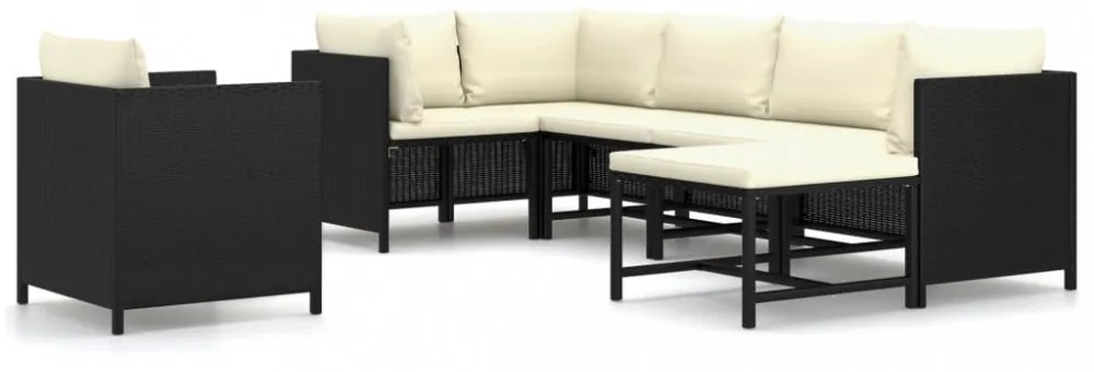 7 részes fekete polyrattan kerti bútorszett párnákkal