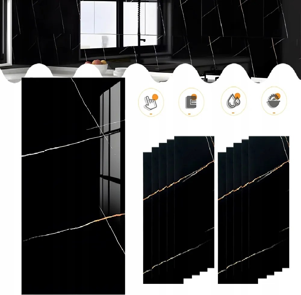 10 db Fekete Villámokat utánzó márvány falmatrica, 30*60 cm