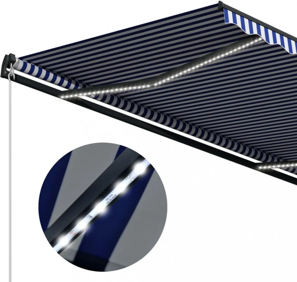 kék és fehér kézzel kihúzható LED-es napellenző 600 x 300 cm
