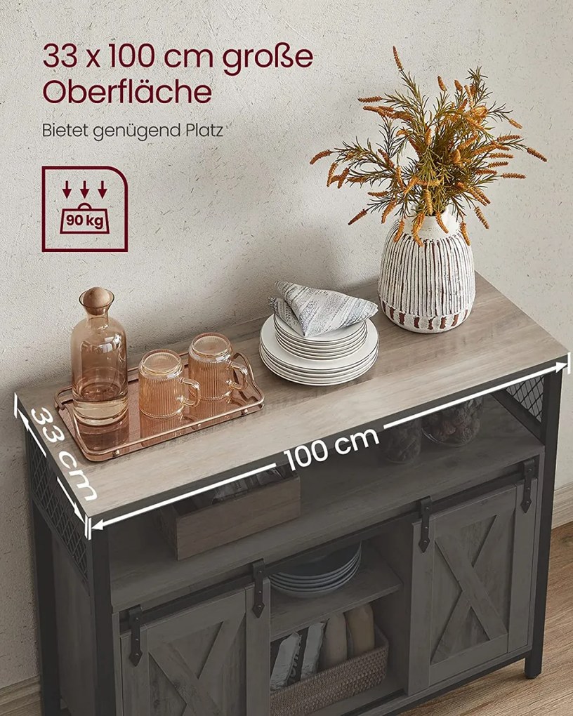 Komód elhúzható ajtókkal és nyitott polcokkal, greige 100x33x80cm