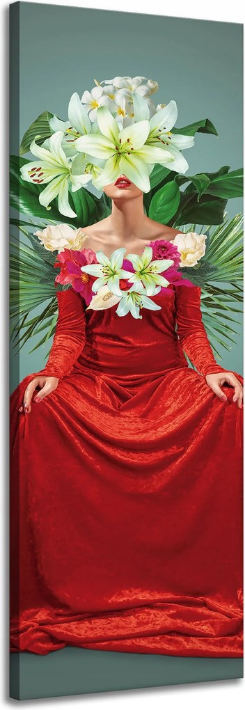Vászonkép Piros Ruha Nő Virágok 40x120 cm