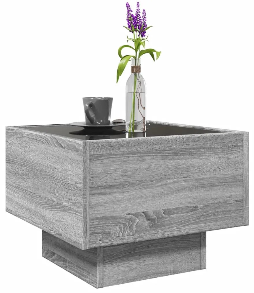 Szürke sonoma színű szerelt fa kisasztal LED-del 40x40x30 cm