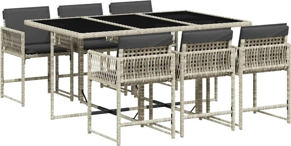 vidaXL 7 részes világosszürke polyrattan kerti étkezőszett párnával