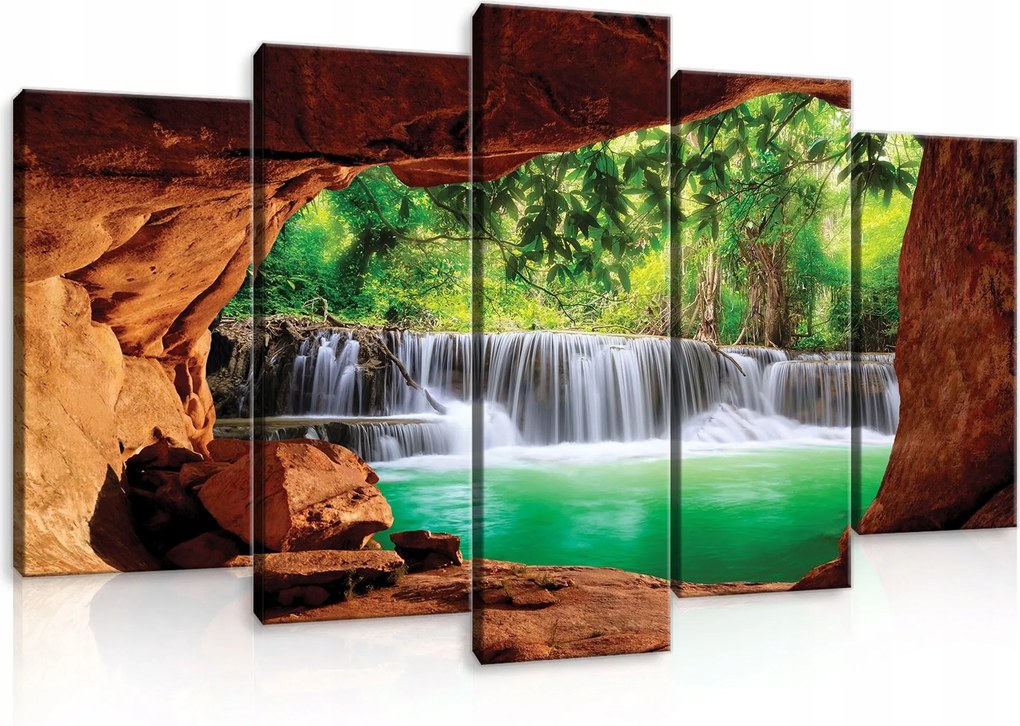 Vászonkép 100x60 Vízesés barlang táj trópusok természet zöld víz sziklák