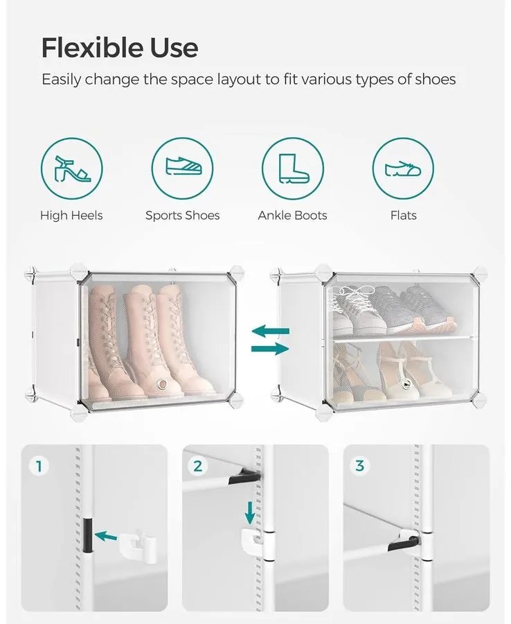 Összekapcsolható cipőtartó állvány fehér színben