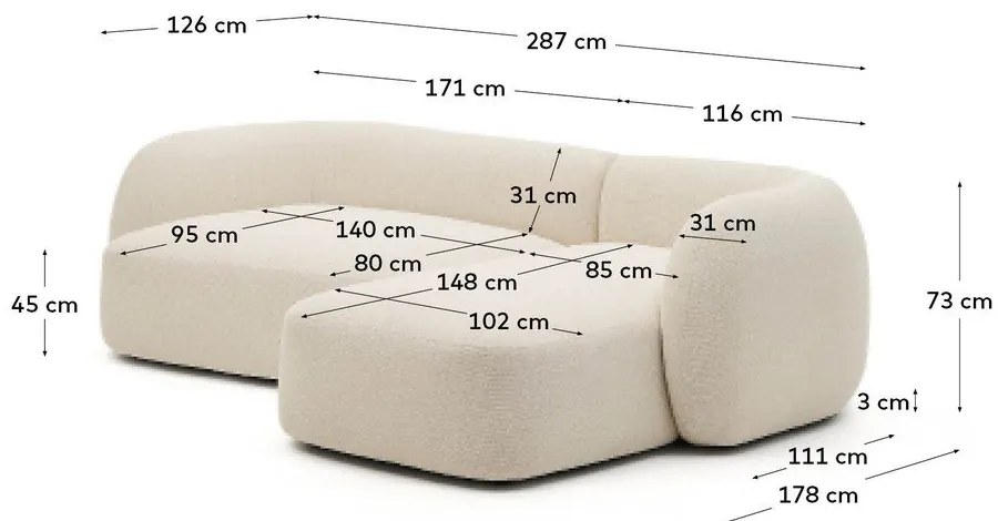 Krémszínű zsenília sarokkanapé (jobb oldali-heverő résszel) Martina – Kave Home