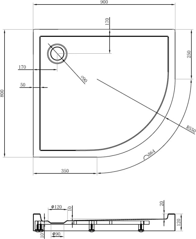 Mexen Flow+ aszimmetrikus félköríves bal oldali zuhanytálca 90 x 80 cm, fehér fényes - 46Q108090LH