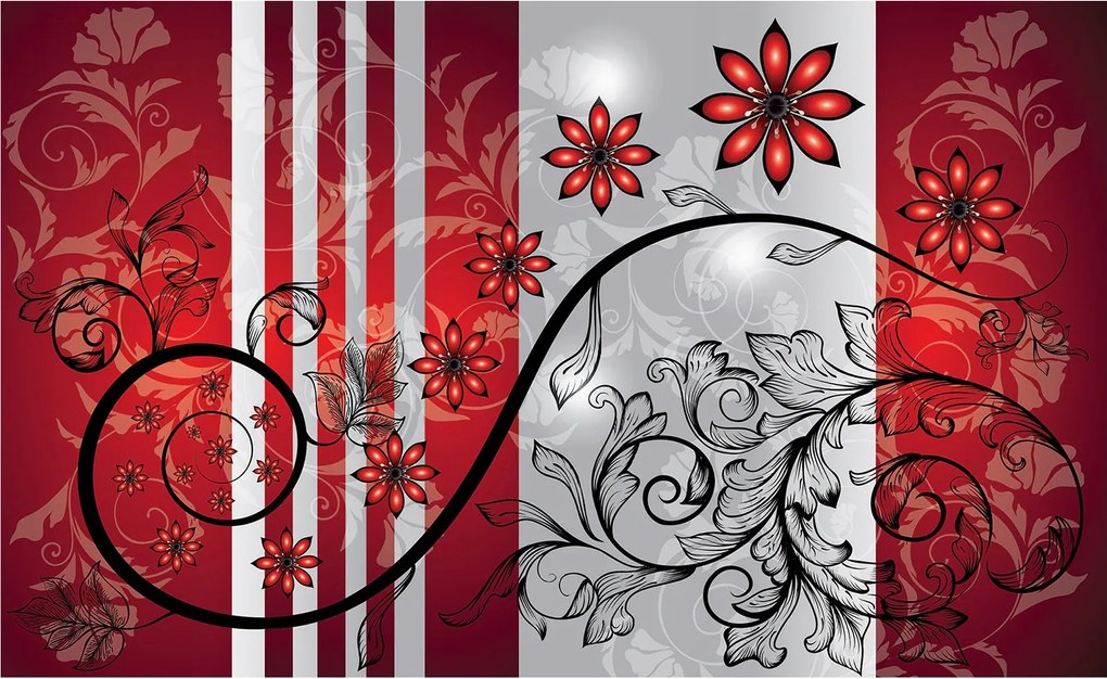 Fotótapéta Piros virágok ezüst díszítéssel absztrakt 200x140 +ragasztó