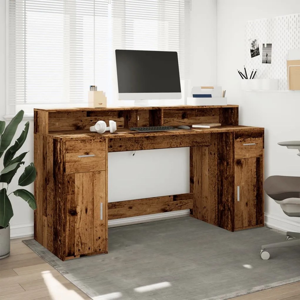 antik fa színű szerelt fa íróasztal LED-ekkel 160 x 55 x 91 cm