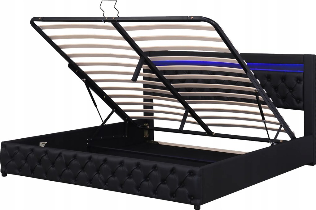 Kárpitozott ágy 140 x 200 cm méretben Led tároló fekete, Pu