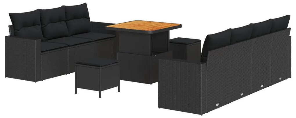 10 Darabos Kert Bútor Szett Párnákkal Fekete Poli Rattan Akác