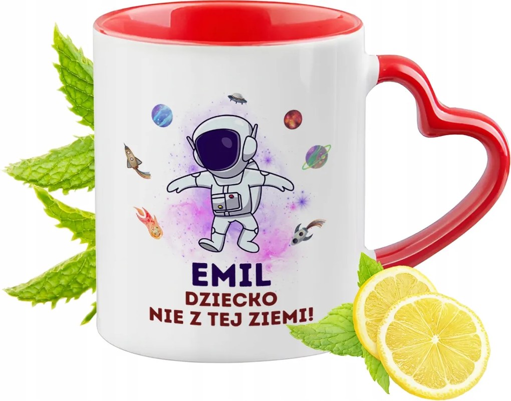 Piros bögre szív alakú füllel Emilnek Ajándék