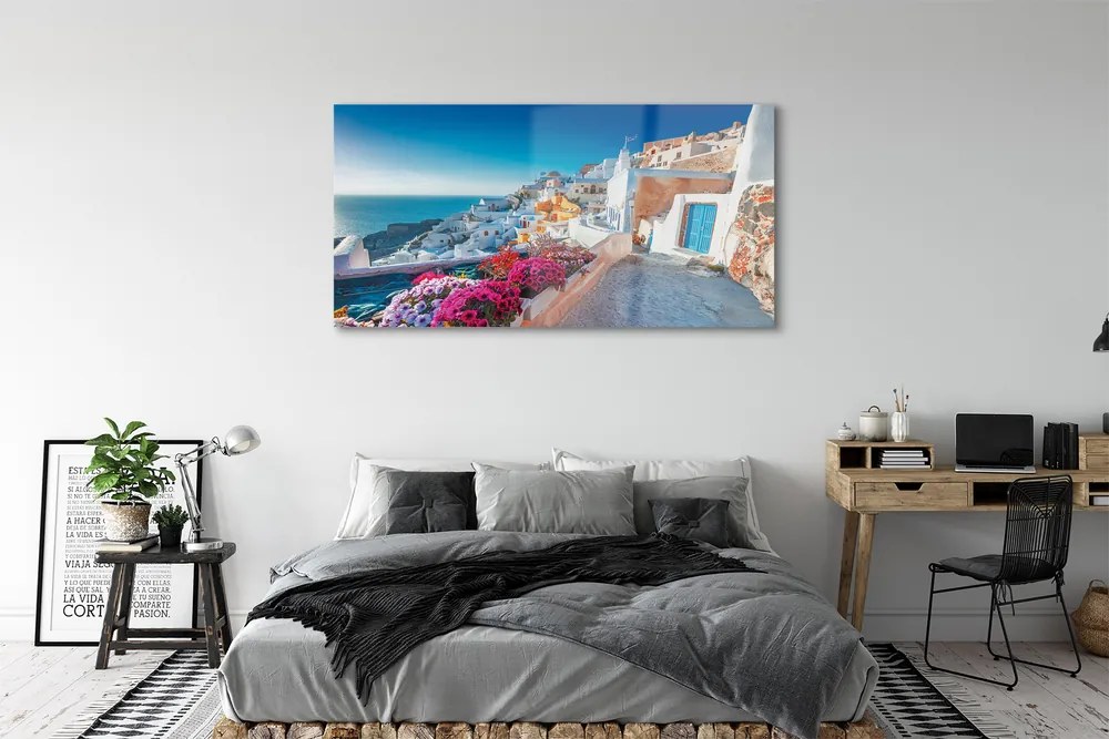 Üvegképek Épületek Görögország tenger virág 125x50 cm