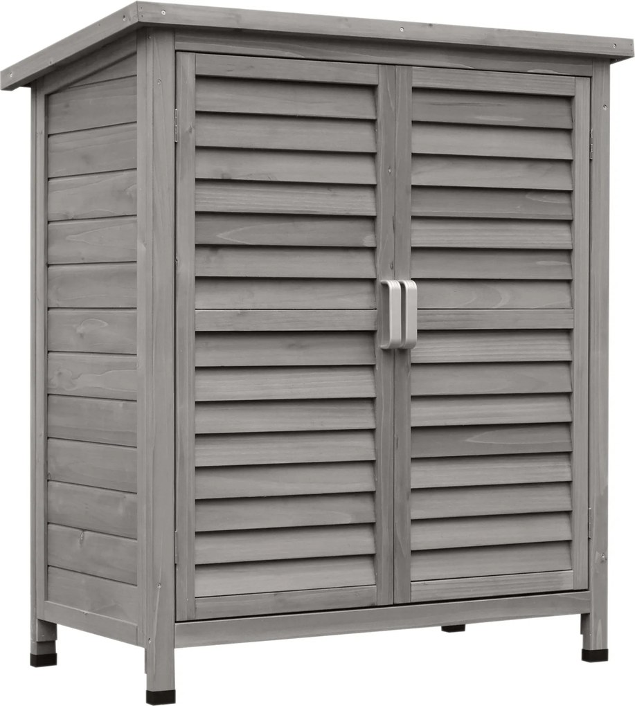 Outsunny Fa Kerti Tároló Szekrény 2 Belső Polccal, 2 Ajtóval és Lejtős Tetejével Kültéri Teraszra 87x46.5x96.5 cm Szürke | Aosom