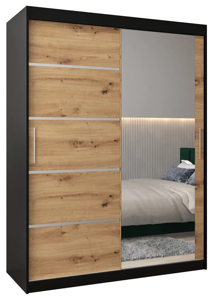 Ruhásszekrény 150 cm tükörrel Verika 2 150 (fekete + artisan tölgy). 1064203